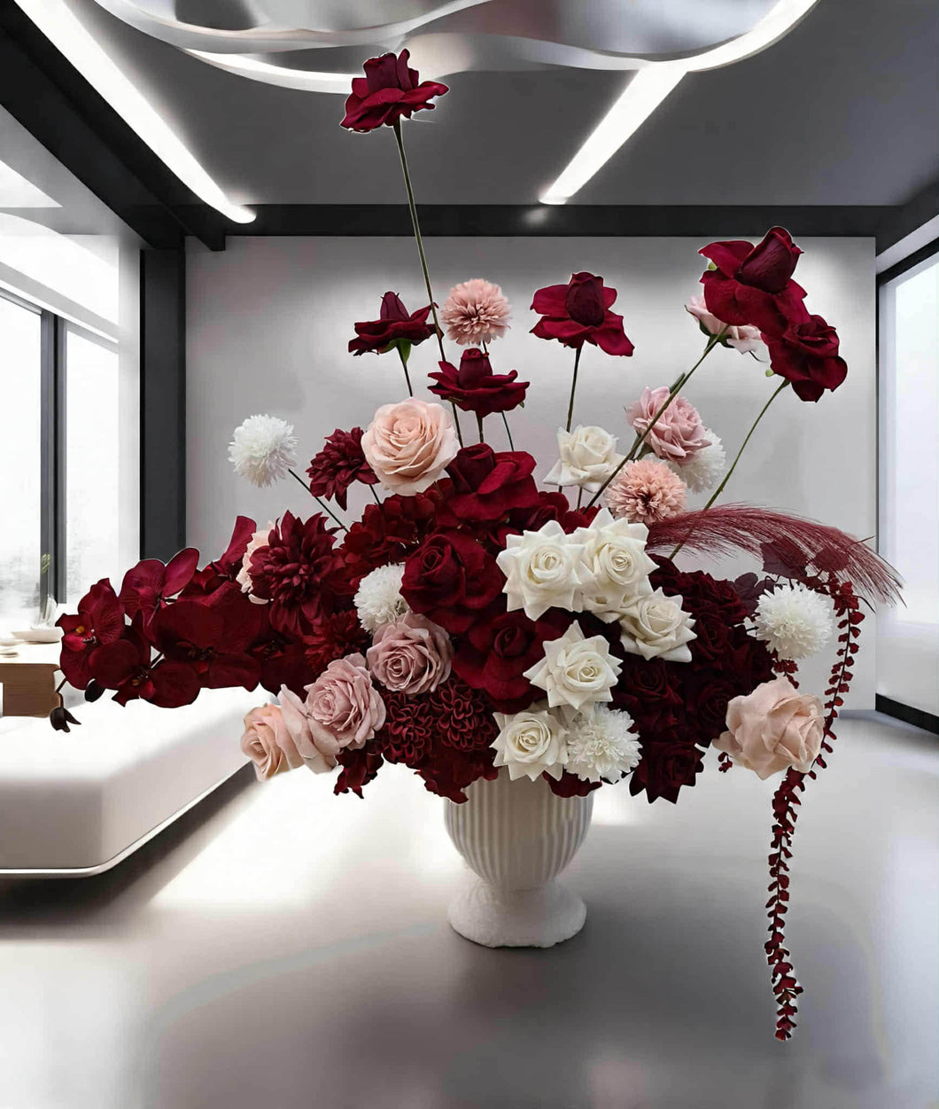 Burgundy, pink & white floor / plinth flowers in white ribbed pot - HIRE ONLY