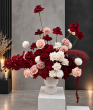 Load image into Gallery viewer, Burgundy, pink &amp; white floor / plinth flowers in white ribbed pot - HIRE ONLY
