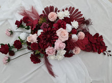 Load image into Gallery viewer, Rectangular backdrop, 3 x burgundy, pink &amp; white flowers - HIRE ONLY
