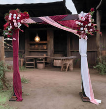 Load image into Gallery viewer, Rustic wooden arbour &amp; 2 x red, pink &amp; white flowers - HIRE ONLY
