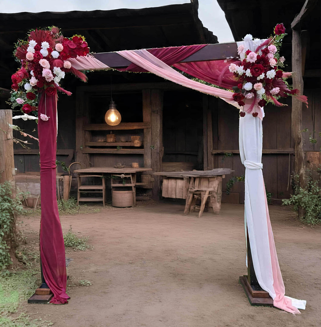 Rustic wooden arbour & 2 x red, pink & white flowers - HIRE ONLY