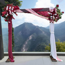 Load image into Gallery viewer, Rustic wooden arbour &amp; 2 x red, pink &amp; white flowers - HIRE ONLY
