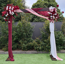 Load image into Gallery viewer, Rustic wooden arbour &amp; 2 x red, pink &amp; white flowers - HIRE ONLY
