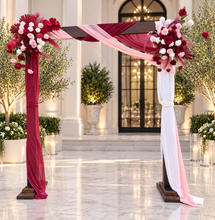 Load image into Gallery viewer, Rustic wooden arbour &amp; 2 x red, pink &amp; white flowers - HIRE ONLY

