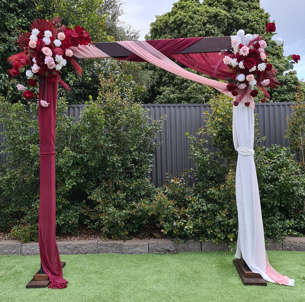 Rustic wooden arbour & 2 x red, pink & white flowers - HIRE ONLY