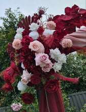 Load image into Gallery viewer, Rustic wooden arbour &amp; 2 x red, pink &amp; white flowers - HIRE ONLY
