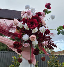 Load image into Gallery viewer, Rustic wooden arbour &amp; 2 x red, pink &amp; white flowers - HIRE ONLY
