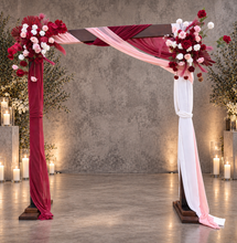 Load image into Gallery viewer, Rustic wooden arbour &amp; 2 x red, pink &amp; white flowers - HIRE ONLY
