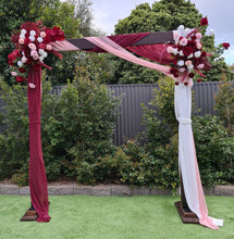 Load image into Gallery viewer, Rustic wooden arbour &amp; 2 x red, pink &amp; white flowers - HIRE ONLY
