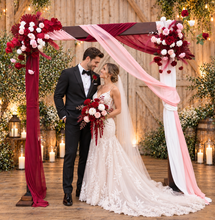 Load image into Gallery viewer, Rustic wooden arbour &amp; 2 x red, pink &amp; white flowers - HIRE ONLY
