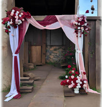 Load image into Gallery viewer, Rustic wooden arbour &amp; 3 x red, pink &amp; white flowers - HIRE ONLY
