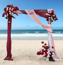 Load image into Gallery viewer, Rustic wooden arbour &amp; 3 x red, pink &amp; white flowers - HIRE ONLY
