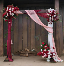 Load image into Gallery viewer, Rustic wooden arbour &amp; 3 x red, pink &amp; white flowers - HIRE ONLY
