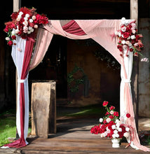 Load image into Gallery viewer, Rustic wooden arbour &amp; 3 x red, pink &amp; white flowers - HIRE ONLY
