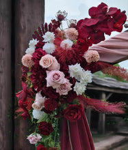 Load image into Gallery viewer, Rustic wooden arbour &amp; 3 x red, pink &amp; white flowers - HIRE ONLY
