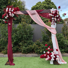 Load image into Gallery viewer, Rustic wooden arbour &amp; 3 x red, pink &amp; white flowers - HIRE ONLY
