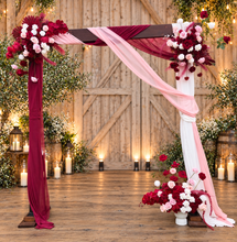 Load image into Gallery viewer, Rustic wooden arbour &amp; 3 x red, pink &amp; white flowers - HIRE ONLY
