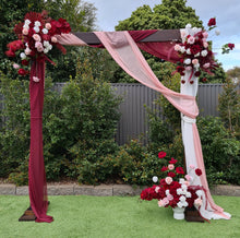Load image into Gallery viewer, Rustic wooden arbour &amp; 3 x red, pink &amp; white flowers - HIRE ONLY
