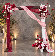 Load image into Gallery viewer, Rustic wooden arbour &amp; 3 x red, pink &amp; white flowers - HIRE ONLY
