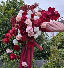 Load image into Gallery viewer, Rustic wooden arbour &amp; 3 x red, pink &amp; white flowers - HIRE ONLY
