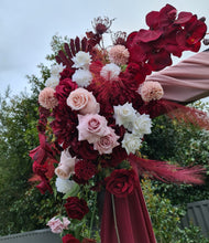 Load image into Gallery viewer, Rustic wooden arbour &amp; 3 x red, pink &amp; white flowers - HIRE ONLY
