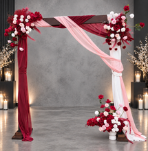 Load image into Gallery viewer, Rustic wooden arbour &amp; 3 x red, pink &amp; white flowers - HIRE ONLY
