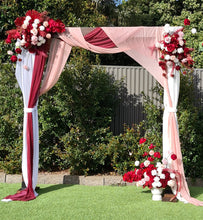 Load image into Gallery viewer, Rustic wooden arbour &amp; 3 x red, pink &amp; white flowers - HIRE ONLY
