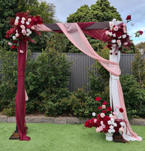 Load image into Gallery viewer, Rustic wooden arbour &amp; 3 x red, pink &amp; white flowers - HIRE ONLY
