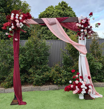 Load image into Gallery viewer, Rustic wooden arbour &amp; 3 x red, pink &amp; white flowers - HIRE ONLY
