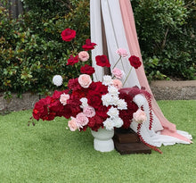 Load image into Gallery viewer, Rustic wooden arbour &amp; 3 x red, pink &amp; white flowers - HIRE ONLY
