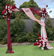 Load image into Gallery viewer, Rustic wooden arbour &amp; 3 x red, pink &amp; white flowers - HIRE ONLY
