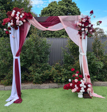 Load image into Gallery viewer, Rustic wooden arbour &amp; 3 x red, pink &amp; white flowers - HIRE ONLY
