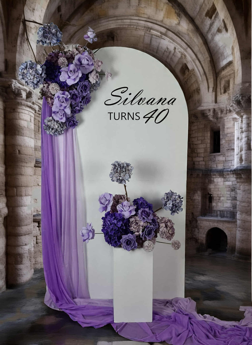1.8m foldable arch &  2 x purple / violet flowers – Advanced Package - HIRE ONLY