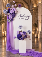 Load image into Gallery viewer, 1.8m foldable arch &amp;&nbsp; 2 x purple / violet flowers – Advanced Package - HIRE ONLY
