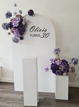 Load image into Gallery viewer, 1.8m foldable arch &amp;&nbsp; 2 x purple / violet flowers &amp; cake stand – Deluxe Package - HIRE ONLY
