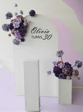 Load image into Gallery viewer, 1.8m foldable arch &amp;&nbsp; 2 x purple / violet flowers &amp; cake stand – Deluxe Package - HIRE ONLY
