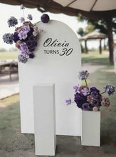 Load image into Gallery viewer, 1.8m foldable arch &amp;&nbsp; 2 x purple / violet flowers &amp; cake stand – Deluxe Package - HIRE ONLY
