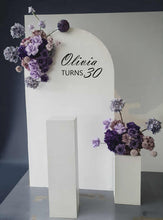 Load image into Gallery viewer, 1.8m foldable arch &amp;&nbsp; 2 x purple / violet flowers &amp; cake stand – Deluxe Package - HIRE ONLY
