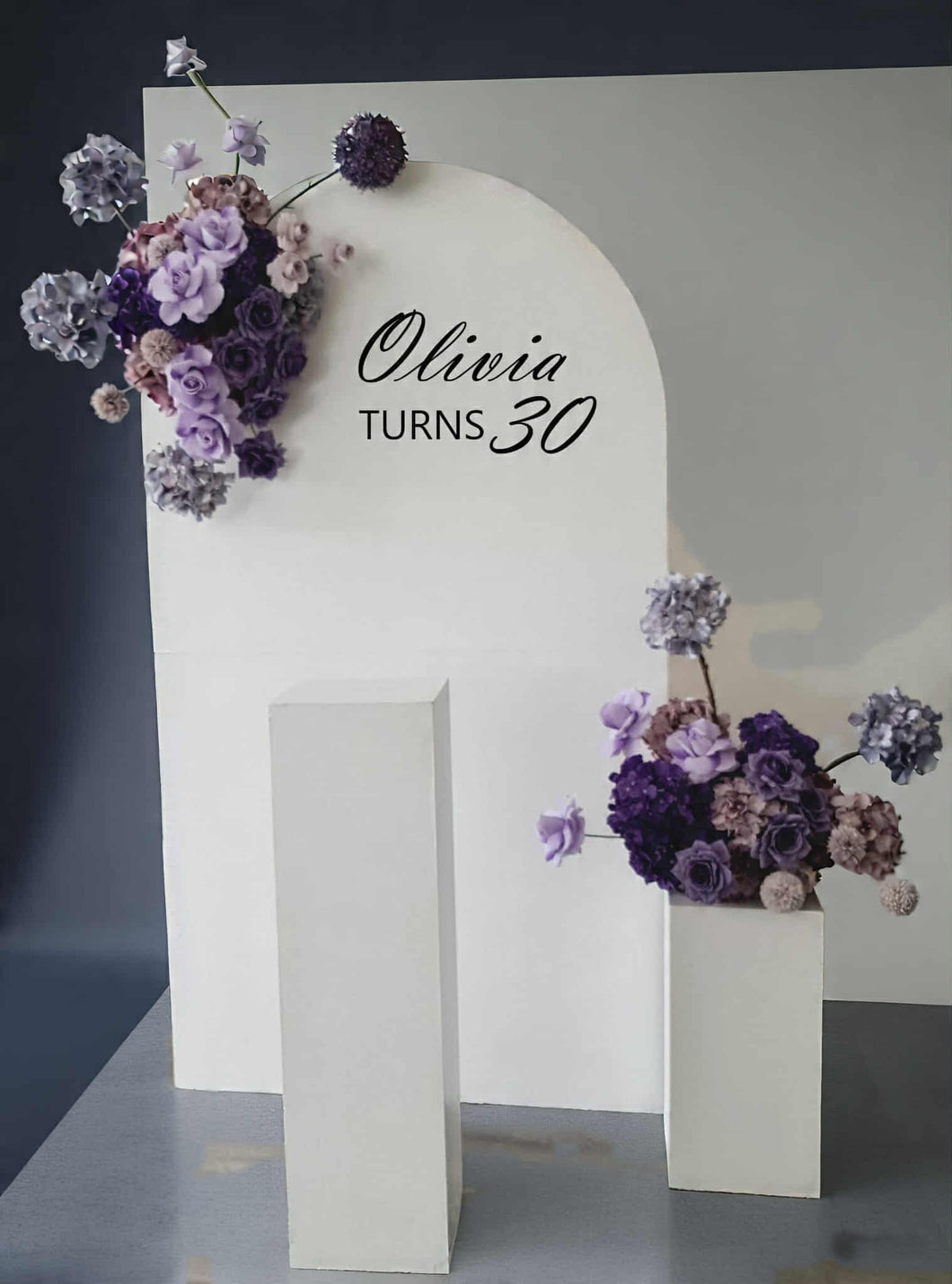 1.8m foldable arch &  2 x purple / violet flowers & cake stand – Deluxe Package - HIRE ONLY