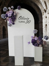 Load image into Gallery viewer, 1.8m foldable arch &amp;&nbsp; 2 x purple / violet flowers &amp; cake stand – Deluxe Package - HIRE ONLY
