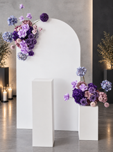 Load image into Gallery viewer, 1.8m foldable arch &amp;&nbsp; 2 x purple / violet flowers &amp; cake stand – Deluxe Package - HIRE ONLY
