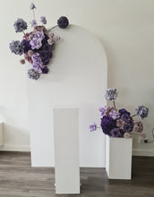 Load image into Gallery viewer, 1.8m foldable arch &amp;&nbsp; 2 x purple / violet flowers &amp; cake stand – Deluxe Package - HIRE ONLY
