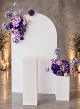 Load image into Gallery viewer, 1.8m foldable arch &amp;&nbsp; 2 x purple / violet flowers &amp; cake stand – Deluxe Package - HIRE ONLY

