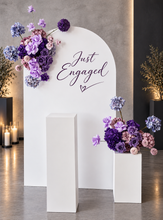 Load image into Gallery viewer, 1.8m foldable arch &amp;&nbsp; 2 x purple / violet flowers &amp; cake stand – Deluxe Package - HIRE ONLY
