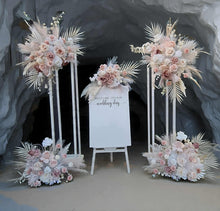 Load image into Gallery viewer, White Stands, Boho blush romantic flowers &amp; welcome sign - Advanced Package - HIRE ONLY
