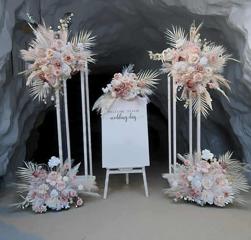 White Stands, Boho blush romantic flowers & welcome sign - Advanced Package - HIRE ONLY