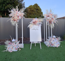 Load image into Gallery viewer, White Stands, Boho blush romantic flowers &amp; welcome sign - Advanced Package - HIRE ONLY
