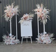 Load image into Gallery viewer, White Stands, Boho blush romantic flowers &amp; welcome sign - Advanced Package - HIRE ONLY
