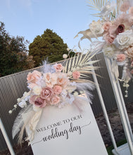 Load image into Gallery viewer, White Stands, Boho blush romantic flowers &amp; welcome sign - Advanced Package - HIRE ONLY
