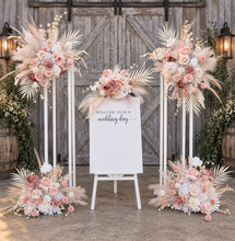 Load image into Gallery viewer, White Stands, Boho blush romantic flowers &amp; welcome sign - Advanced Package - HIRE ONLY

